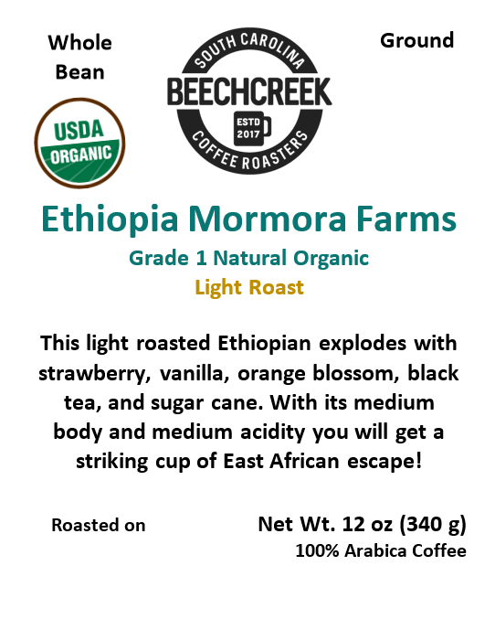Ethiopia Guji Mormora Natural Process, Grade 1 - single estate, Certified Organic, Light or Medium Roast