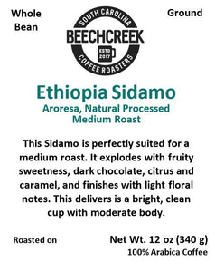 Ethiopia Sidamo Aroresa, Natural Process; Light, Medium, Dark/Espresso Roast